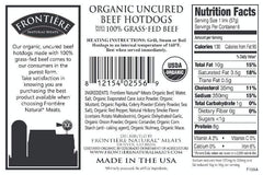 Organic Uncured Beef Hotdogs, 6 Hotdogs, 12 oz - frontierenaturalmeats